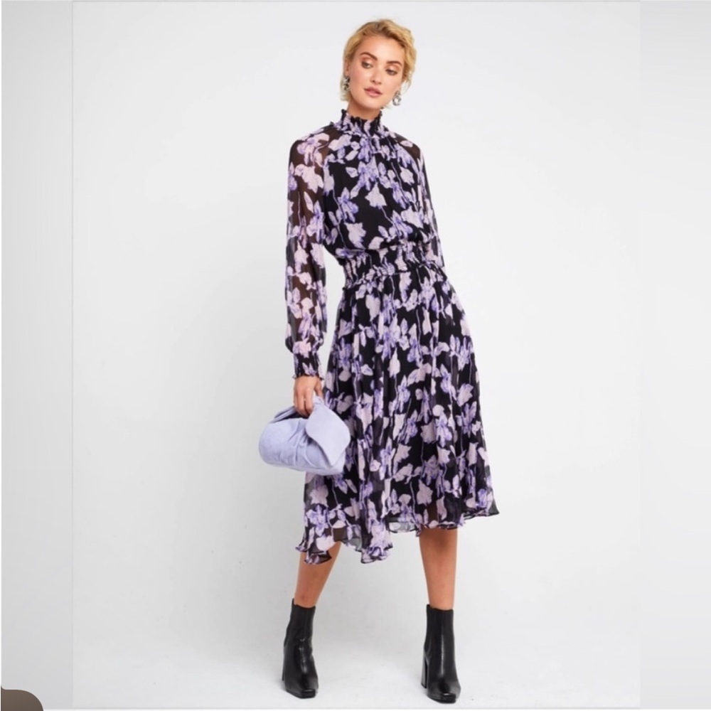 O.P.T Floral Smocked Midi Dress Womens Size S Black Purple High Neck Long Sleeve